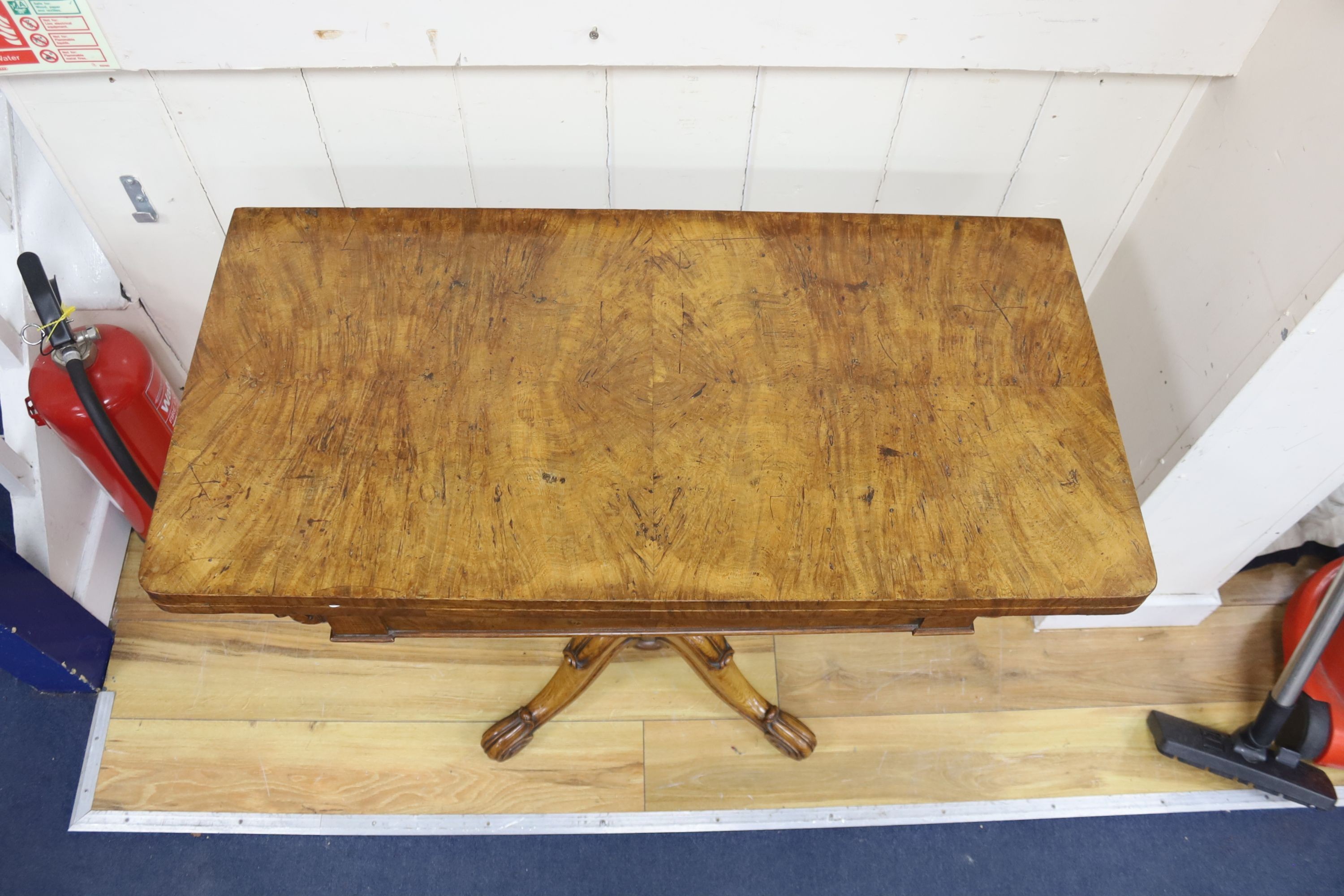 A William IV oak and pollard oak rectangular folding card table, width 92cm, depth 46cm, height 74cm